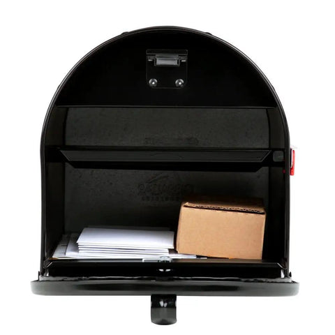 Interior view of Marshall Locking Mailbox Large Black With Concealed Locking Compartment showing mail and parcel inside.
