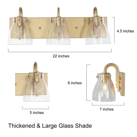 3 Light Modern Vanity Light Fixture in Brass Finish With Clear Glass Shades For Bathroom dimensions and design details