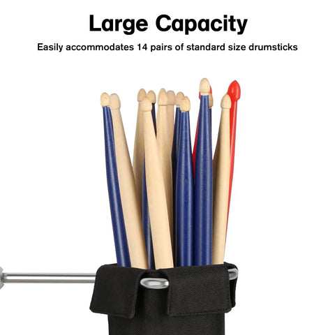 Ultimate Drumstick Bag Holder For 14 Pairs With Metal Rod Extension And Heavy Duty 1200D Water Repellent Case for sticks in black holder.