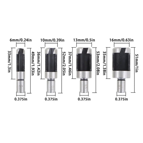 Rock Solid Eight Piece Wood Plug Cutter And Taper Drill Bit Set Forged From Heavy Carbon Steel With Titanium Coating For Chuck Friendly Grip showing five bits with sizes.