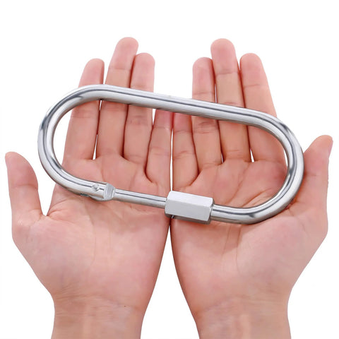 Person holding Big Oval Locking Carabiner Clip 6 Inch M10 Quick Link For Trailer Tow Chains Ropes Cables And Hammocks Outdoor Camping Gear