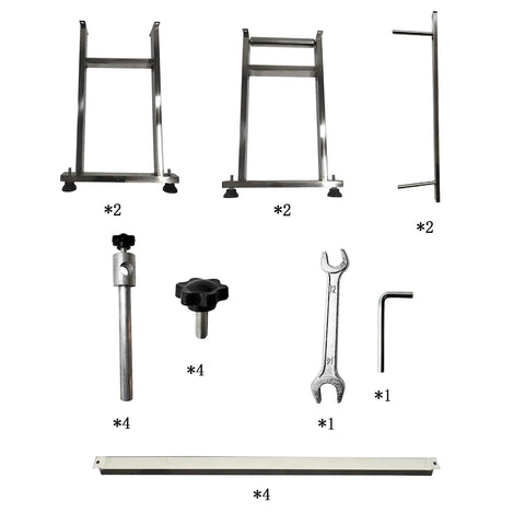 Assembly parts for Electric PVC Belt Conveyor With Adjustable Speed For Desktop Use, including frames and tools.