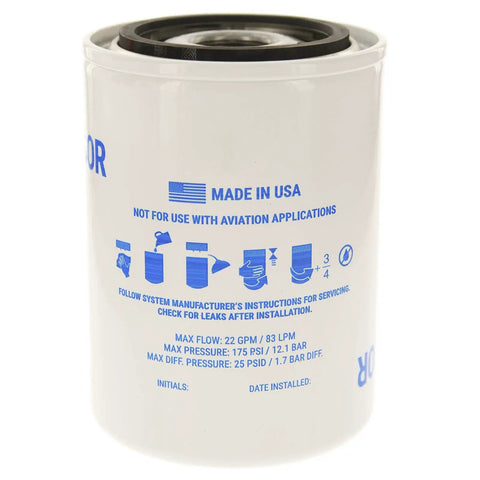 Pro Grade Spin On Oil Filter Keeps Industrial Air Compressors Running Butter Smooth Removes Nasty Grit And Engine Sludge, white metal casing with blue text and instructions.