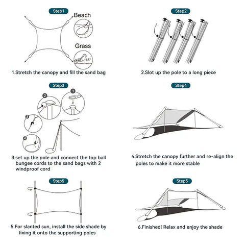 Step-by-step setup guide for Portable Beach Shade Tent Sun Shelter UPF50 Canopy With Sandbags showing assembly instructions.