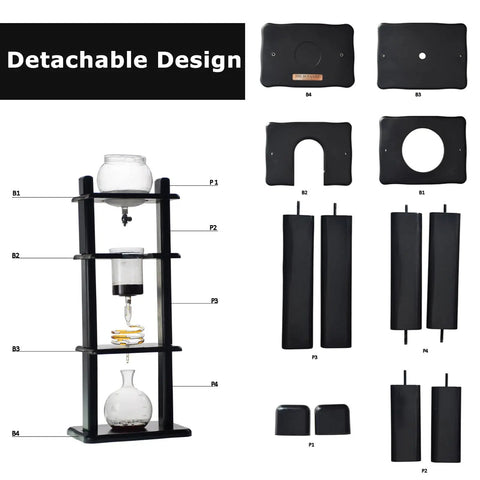 Large Capacity Cold Brew Coffee Maker Tower With 1000ml Vertical Glass Carafe And Solid Wood Stand components and detachable design