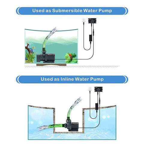 24V DC Inline Submersible Saltwater Aquarium Pump With External Controller, shown as submersible and inline pump setup.