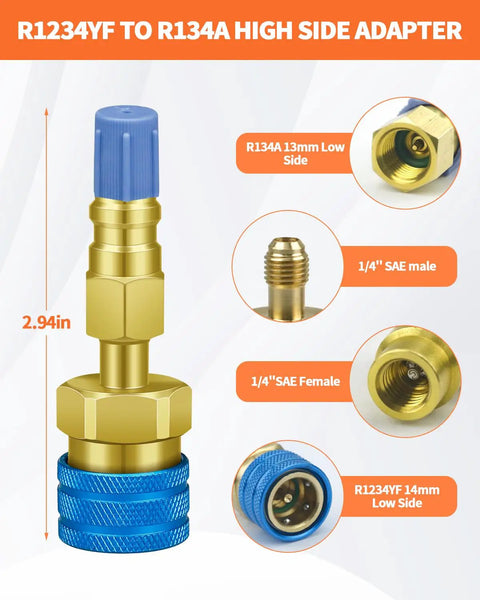 R134A to R1234YF Quick Coupler Adapter Kit for AC Charging, high side connector, brass adapter with blue grip, 2.94 inches tall