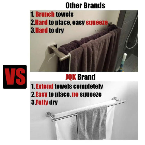 Comparison image showing towel bars; top: towels bunch on other brands, bottom: JQK Stainless Steel Towel Bar 30 Inch With Brushed Finish Wall Mount Rack, 0.8mm Thick Tube And 2mm Posts, Rustproof Bathroom Organizer, 27 Inch Usable Length, No Fold Towels, Heavy Duty Durable Design, towels extend and dry easily.