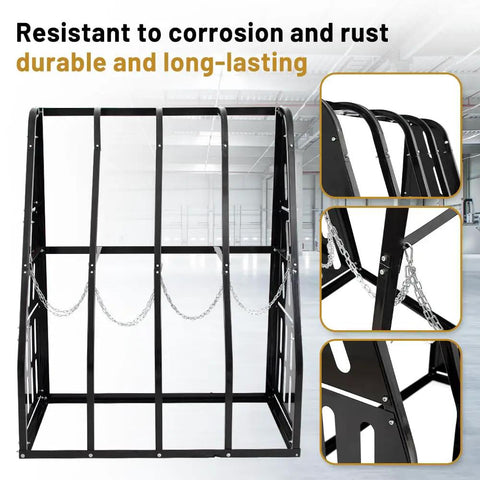 Heavy Duty Vertical Pipe And Lumber Storage Rack For Garage Or Workshop Boasts Four Wide Bays Welded From Rock Solid Steel To Haul Heavy Loads No Sweat showing chain supports and corrosion-resistant finish.