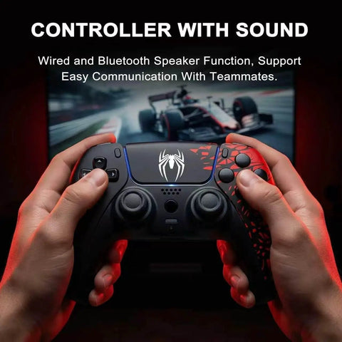 Hands holding Wireless PS5 Controller With Dual Vibration And Motion Sensor, spider logo, in front of racing game screen