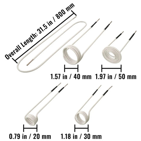 8 Piece Induction Coil Kit For Induction Heaters With Varying Coil Lengths, heat resistant, includes preformed coils, dimensions shown
