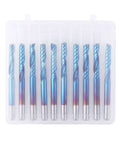 Ten nano blue-coated flat-nose end mills with 1/8 in shank, upcut spiral, single flute in clear plastic case