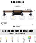 Farmhouse Wood Vanity Light Fixture With Four Lamps Over Mirror, Rustic Sconce Lighting, size dimensions and E26 bulb compatibility.