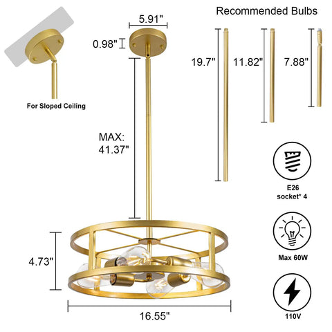 Gold 4 Light Modern Chandelier Pendant Hanging Light Fixture Semi Flush Mount Round Ceiling Light with adjustable rods