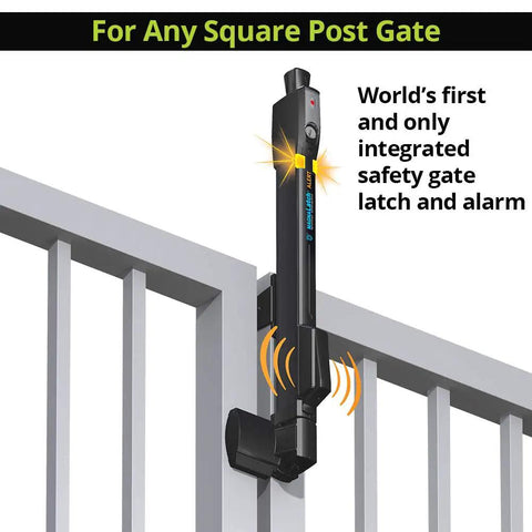 Straight Up Tough Top Pull Pool Safety Gate Latch With Audible Alarm Feature Keeps Kiddos Secure While Giving Homeowners Zero Hassle Installation And Weatherproof Year Round Guarding Black shown on a square post gate.