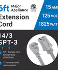 Six Foot 14/3 Gray Indoor Extension Cord With Grounded Flat Plug For Air Conditioners And Major Appliances, Heavy Duty Power Cable