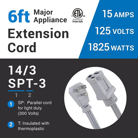 Six Foot 14/3 Gray Indoor Extension Cord With Grounded Flat Plug For Air Conditioners And Major Appliances, Heavy Duty Power Cable