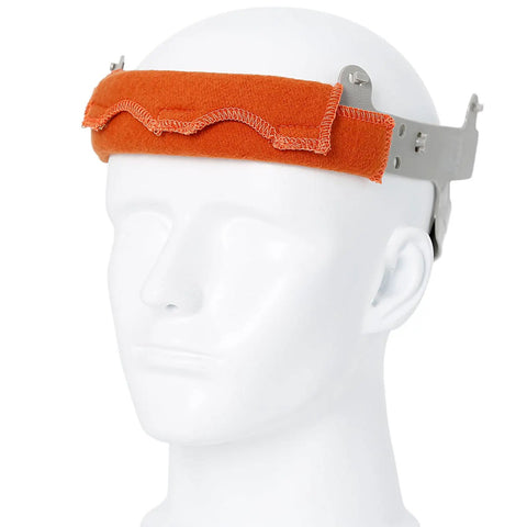 Orange hard hat sweatband replacement on mannequin, flame retardant cotton liner for welding helmets, construction hats, chainsaw gear.