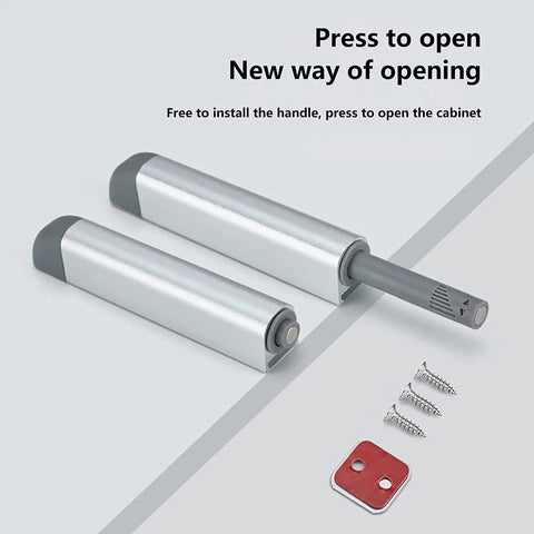 Push To Open Cabinet Latch Kit With Magnetic Door Catch And Drawer Closer Touch To Latch 2 Pack showing components including screws