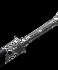 Close-up of Ring Pommel Song Dao Hand Forged High Manganese Steel Blade With Rosewood Scabbard And Exclusive Alloy Fittings.