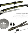 Timing Chain Kit With Guides And Cam Sprocket For Honda CRF100F XL100S XR100 XR100R, includes chain, sprocket, tensioner, bolts, spring.