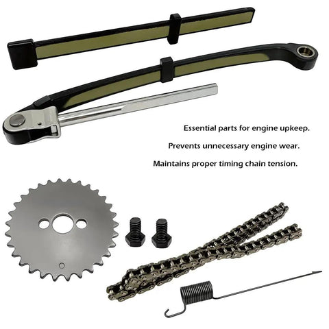 Timing Chain Kit With Guides And Cam Sprocket For Honda CRF100F XL100S XR100 XR100R, includes chain, sprocket, tensioner, bolts, spring.