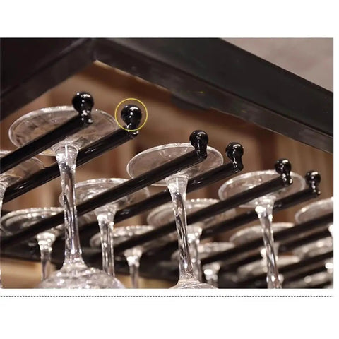 Close-up of Red Wall Mounted Wine Glass Holder with high-legged bracket and adjustable suspension rod holding tall glassware.