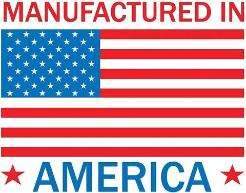 American flag graphic with blue canton and red stripes; text Manufactured in USA America