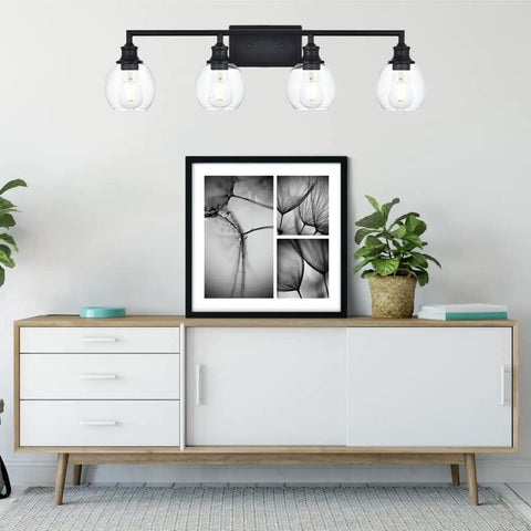 Four Light Vanity Light Fixture With Clear Globe Glass Shades Industrial Farmhouse Wall Lamp For Bathroom Mirror Kitchen Porch Living Room Or Workshop Modern Rustic Style above a modern cabinet