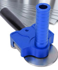 Close-up of a blue stainless steel sheet metal roller break bender for DIY and pro shops, with adjustable bending range.