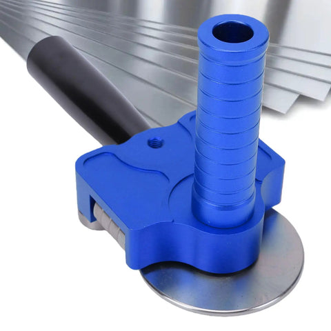 Close-up of a blue stainless steel sheet metal roller break bender for DIY and pro shops, with adjustable bending range.