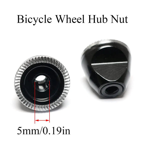 Built Tough Aluminum Alloy Quick Release Hub Nuts For Mountain And Road Bikes M5 Thread Non Slip Grip Durable Lightweight Hardware For Fixed Gear Mods Easy Swap Upgrade, showing black aluminum with 5mm opening.