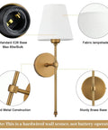 Diagram features Two Pack Hardwired Brushed Brass Wall Sconces With Fabric Shade detailing standard E26 base, sturdy brass base.