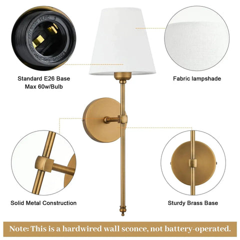 Diagram features Two Pack Hardwired Brushed Brass Wall Sconces With Fabric Shade detailing standard E26 base, sturdy brass base.