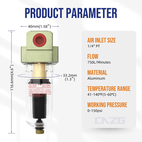 Auto Drain Air Line Filter Inline Pneumatic Water Trap For Air Compressor Systems, One Quarter Inch NPT, brass filter