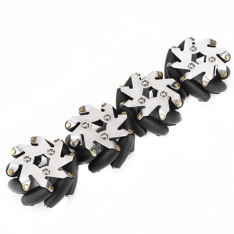 Durable steel Mecanum wheels for robot car with 48mm diameter and TPR rollers, designed for 360-degree movement and 3kg load capacity.
