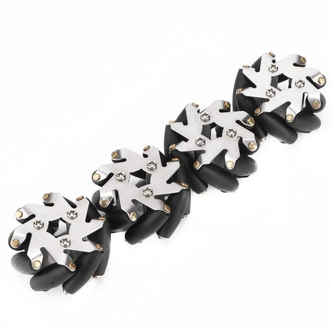 Omni Directional 4 Pack 48mm Steel Mecanum Wheel Set For Robot Cars, visible steel wheels with TPR rollers, durable for RC robots.