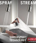 Traditional Brushed Nickel Kitchen Faucet With Pull Down Sprayer And Single Handle For Hassle Free One Hole Install Featuring SpotShield Stainless Finish showing stream and spray functions.