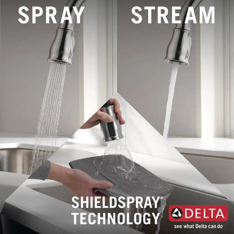 Traditional Brushed Nickel Kitchen Faucet With Pull Down Sprayer And Single Handle For Hassle Free One Hole Install Featuring SpotShield Stainless Finish showing stream and spray functions.