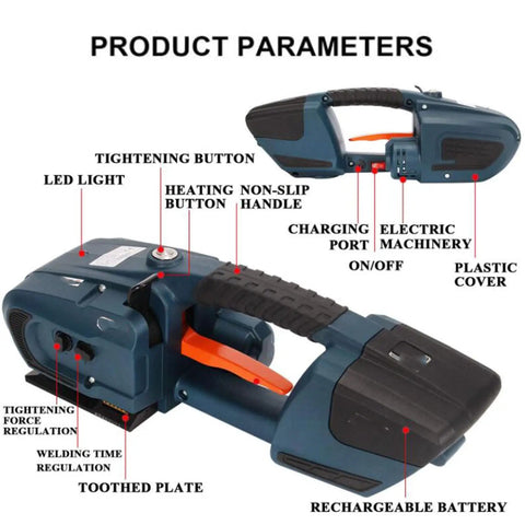 Kickass Heavy Duty Electric Strapping Tool For Quick Hot Melt Sealing with LED light, heating button and non-slip handle.