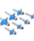 Top Tier Seven Piece Roundover Router Bit Set Featuring Quarter Inch Shafts And Razor Sharp Carbide Tips, blue carbide bits.