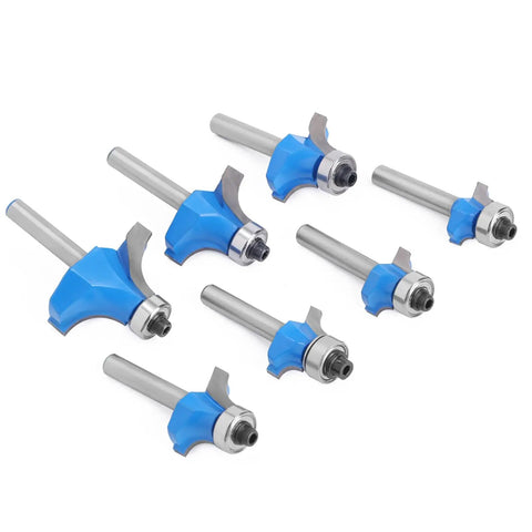 Top Tier Seven Piece Roundover Router Bit Set Featuring Quarter Inch Shafts And Razor Sharp Carbide Tips, blue carbide bits.