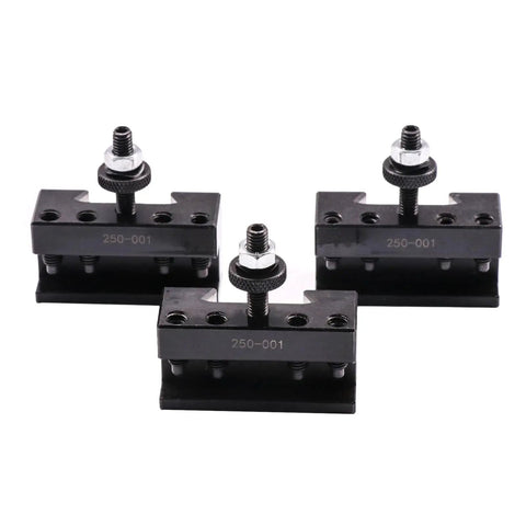 Quick Change Tool Post Set For Mini Lathe 6-9 Inch, Wedge Type, 11Pcs 250-001 components, steel tool holders in a set of three.