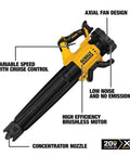 Side view of DCBL722BR 20V Max XR Brushless Cordless Handheld Blower Tool Only Renewed with labels highlighting features.