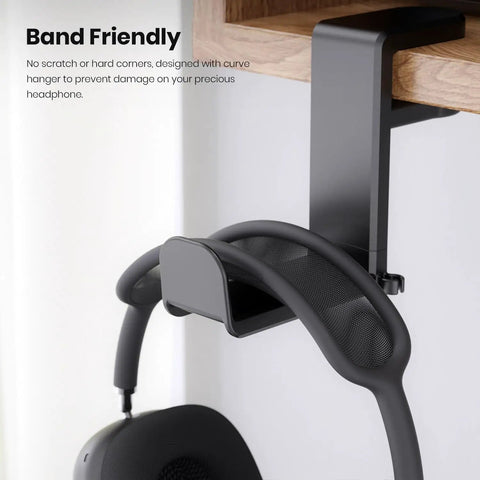 Rotating Headphone Stand For PC Gaming Headsets, Under Desk Clamp-On Holder With 360 Degree Swivel, black, band-friendly curved hanger