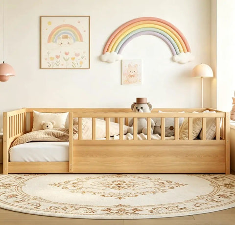 Twin Floor Bed With High Safety Fence, Solid Pine Wood Montessori Toddler Sleep Platform, Natural Finish Wooden Frame For Nursery And Kids Room, Seriously Sturdy Setup in a cozy nursery setting.