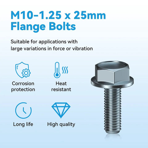 M10x1.25 Hex Head Flange Bolts 25mm Length 10 Pack For ATV UTV Quad Go Kart Lawn Mower Snowmobile Motorcycle Truck And More Durable Steel Fasteners For Automotive And Equipment