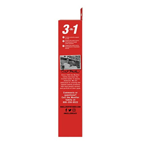 Side view of red X Stay Wrist Stabilizer packaging showing product features, contact info, and 3-in-1 support details.