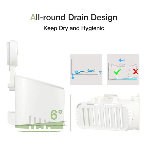 Shower Caddy No Drilling Suction Cup Organizer with drain design and diagrams showing drainage angle and flow for hygiene