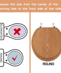 Diagram showing round wooden toilet seat with metal hinges, illustrating fit for American Standard toilets, easy to install.